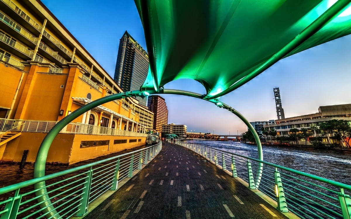 Green shelter at the Tampa Riverwalk