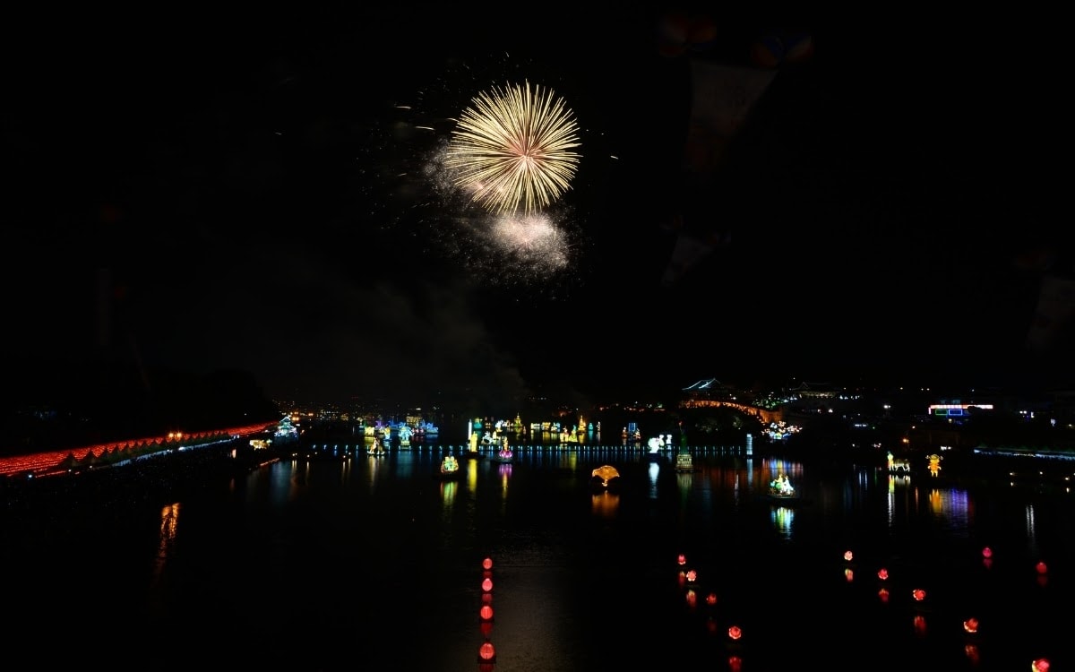 Fireworks display with lantern on the water in Jinju, one of the best lantern South Korean festivals 