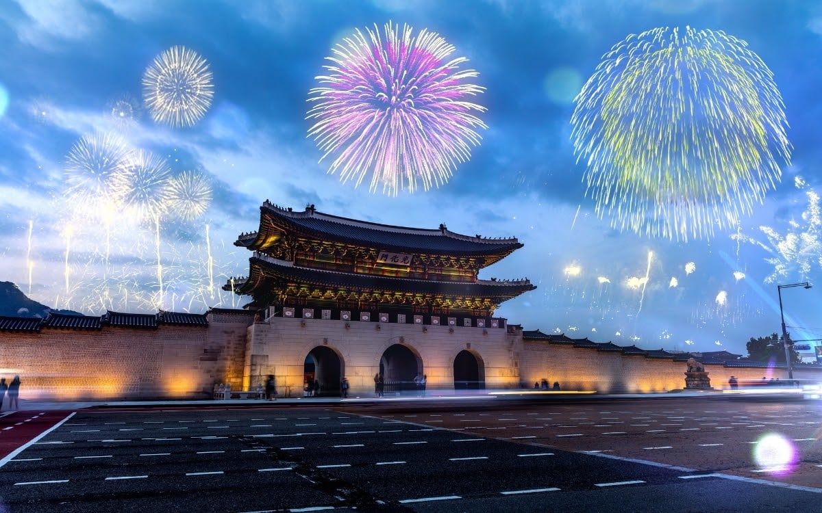 Fireworks display behind Gyeongbokgung